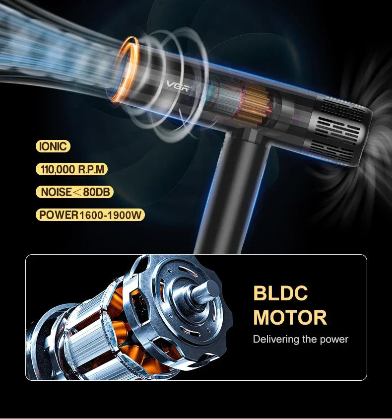 VGR Haartrockner ohne Blätter Professional Negative Ionen Föhn Bürstenloser Motor 11000 RPM Leistungsstarker elektrischer Trockner für Salon V-427