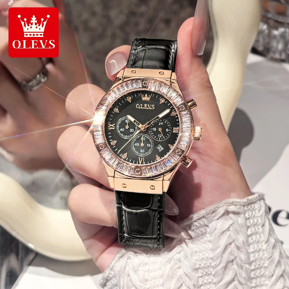OLEVS 9978 Damenuhr, multifunktionale Quarzuhr, wasserdicht, leuchtendes Lederarmband, elegante modische Uhren für Damen, Geschenke