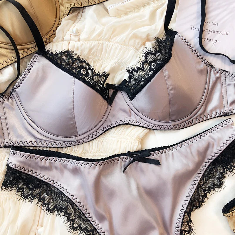 Französisches Dessous-Set mit dünnen Cups, sexy Spitze, Push-up-BH, Mode für Damen, Seidenstoff, Unterwäsche, hochwertige Intimates, BHs und Höschen