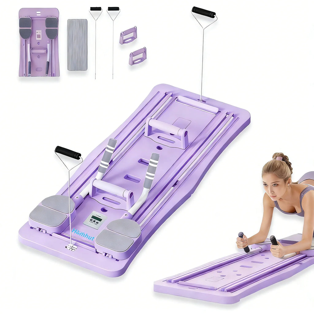 Multi-Functional Foldable Pilates Reformer Board with Counter, Full Body Abdominal Workout Sliding Trainer, Home Core Strength Exercise Equipment with Resistance Bands & Handles
