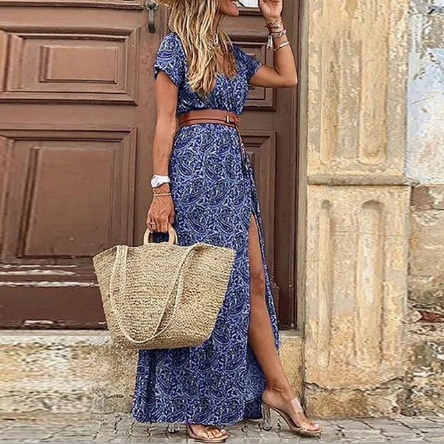 Sommer Bohemian Damen Maxikleid 2024 V-Ausschnitt Kurzarm Geblümt Strand Elegant Vintage Kleid mit Gürtel
