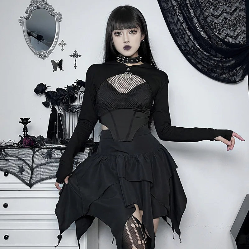 Sommer-Fashion Kurze Röcke Neue sexy Damen Gothic Punk Irreguläre Röcke Einfarbig Tunnelzug zum Binden Geraffte Rüschen Minirock