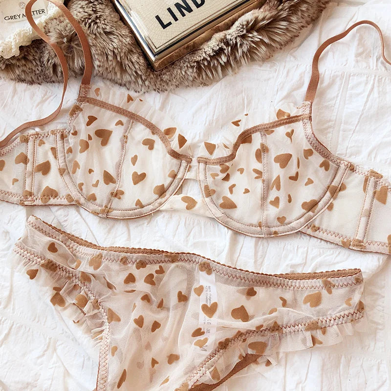 Neues Dessous-Tangas-Set, sexy, ultradünner transparenter BH, Damen-Bügel-Push-up-BH-Set, sommerliche, romantische Pfirsichherz-Unterwäsche