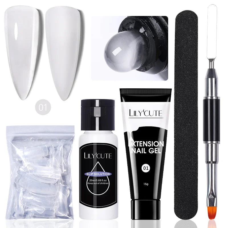 LILYCUTE 15ml Verlängerungsgel-Nagellack-Set Quick Nail Prolong mit Verlängerungsform-Nagelspitzen Acryl-Lösung Maniküre-Werkzeug-Kit