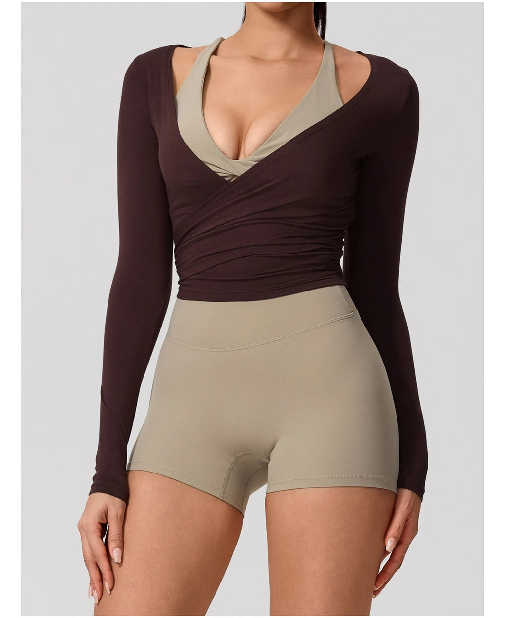 Neue Sommer Damen Yoga Langarm Einteiler Träger Yoga Kleidung Weibliches Training Premium Ballett WickeloberteileFrauen Fitness Sport Top