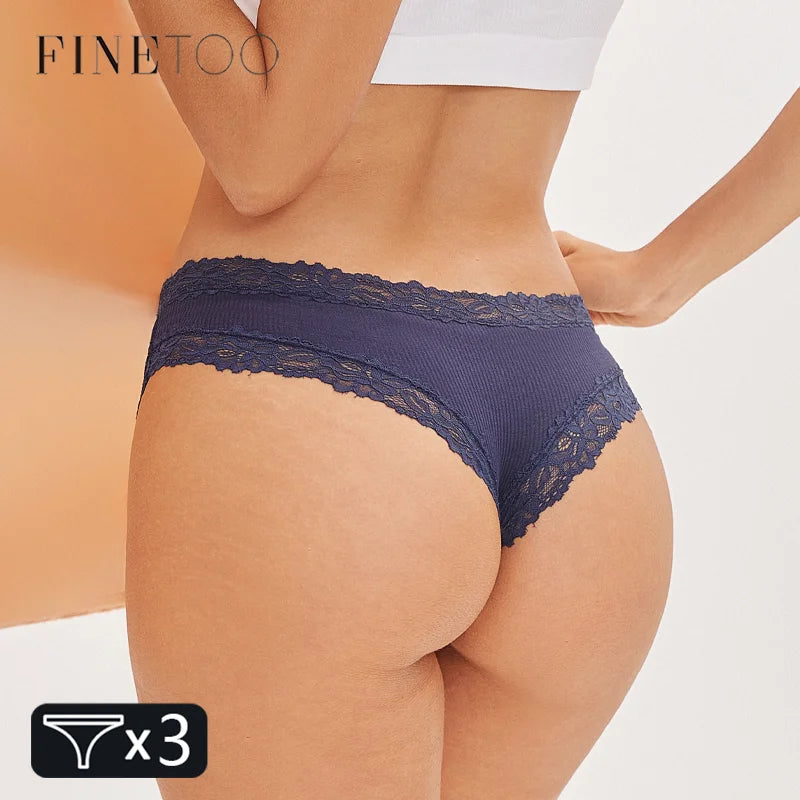 FINETOO 3er-Pack Damen Baumwollunterwäsche Slips Sexy Spitze Brasilianischer Slip Niedrige Taille Blumenmuster Einfarbig G-String Atmungsaktive Dessous