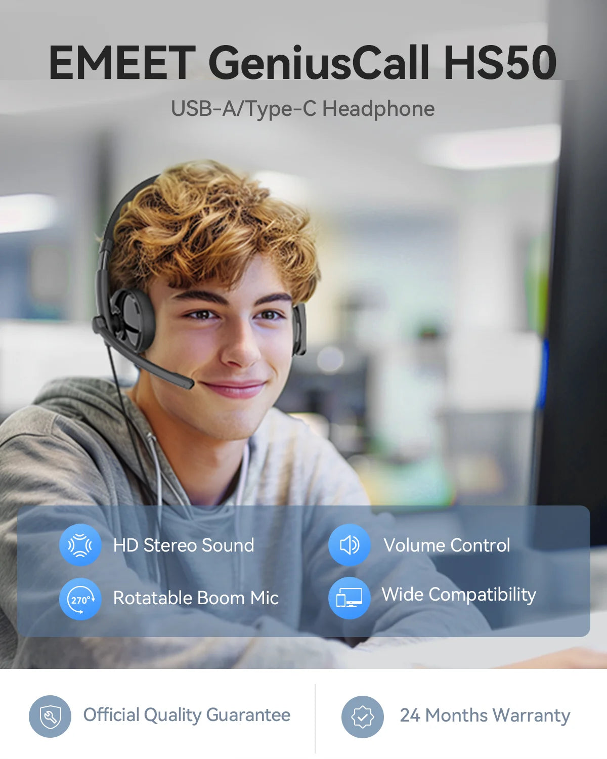 EMEET Kabelgebundenes Headset mit Mikrofon, Callcenter USB-Kopfhörer, ENC-Geräuschunterdrückung, Office-Kabel-Kopfhörer für Telefon/PC-Computer