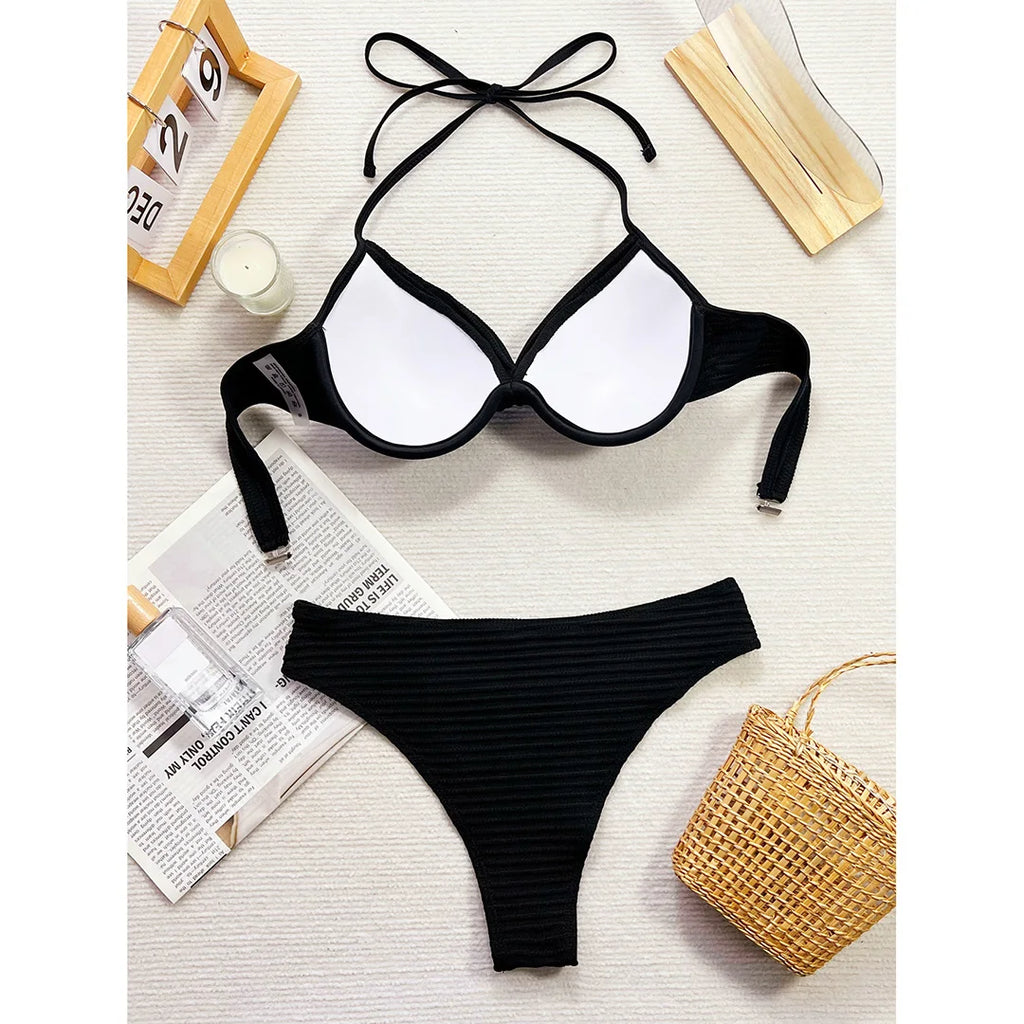 Gerüschter Neckholder Bügel-Bikini Damen Bademode Weiblicher Badeanzug Zweiteiliges Bikini-Set Mid Waist Badeanzug Schwimmen V5440