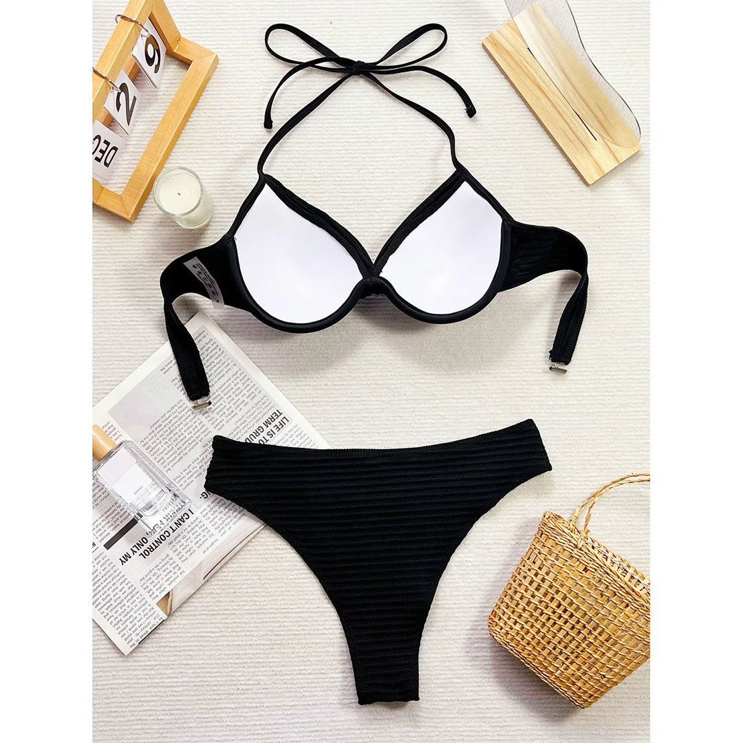 Gerüschter Neckholder Bügel-Bikini Damen Bademode Weiblicher Badeanzug Zweiteiliges Bikini-Set Mid Waist Badeanzug Schwimmen V5440