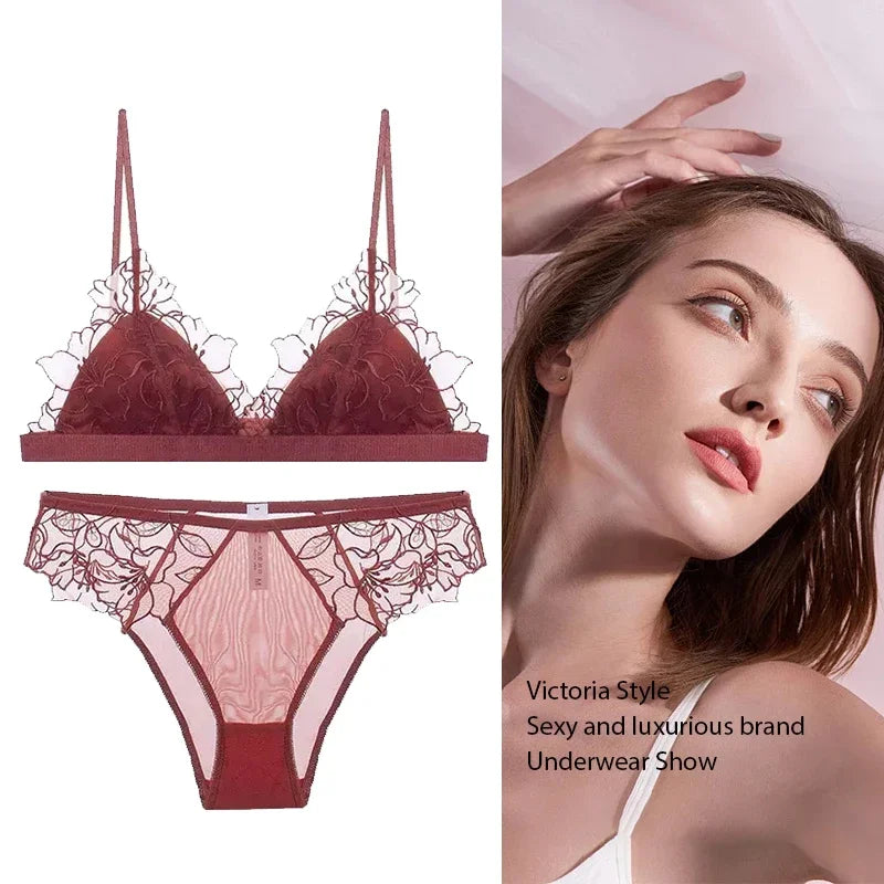BANERDANNI Pure Desire Victoria Französische Spitzenbestickte Dessous Frauen dünne Cups Triangel-BH Set Bequem ohne Bügel