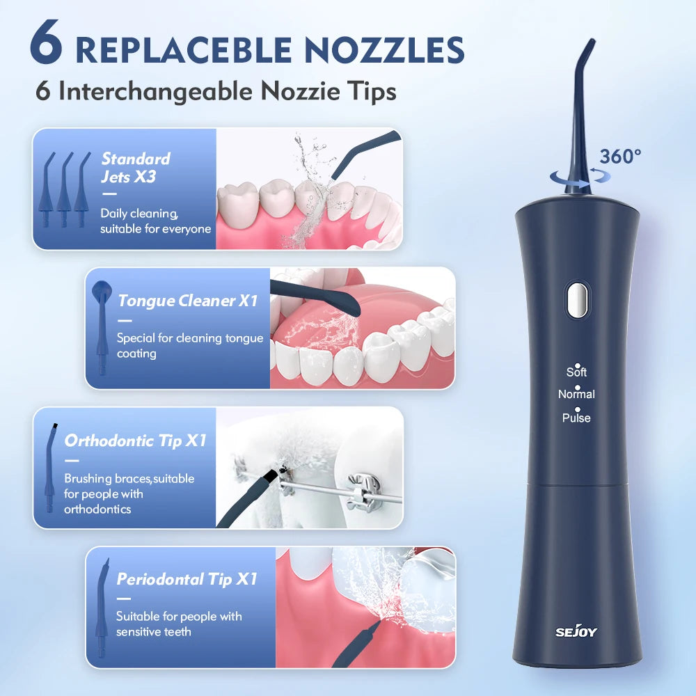 Sejoy Tragbarer elektrischer Munddusche Wasserflosser 6 Düsen 3 Modi Wiederaufladbarer Smart Dental Water Jet Zahnreiniger