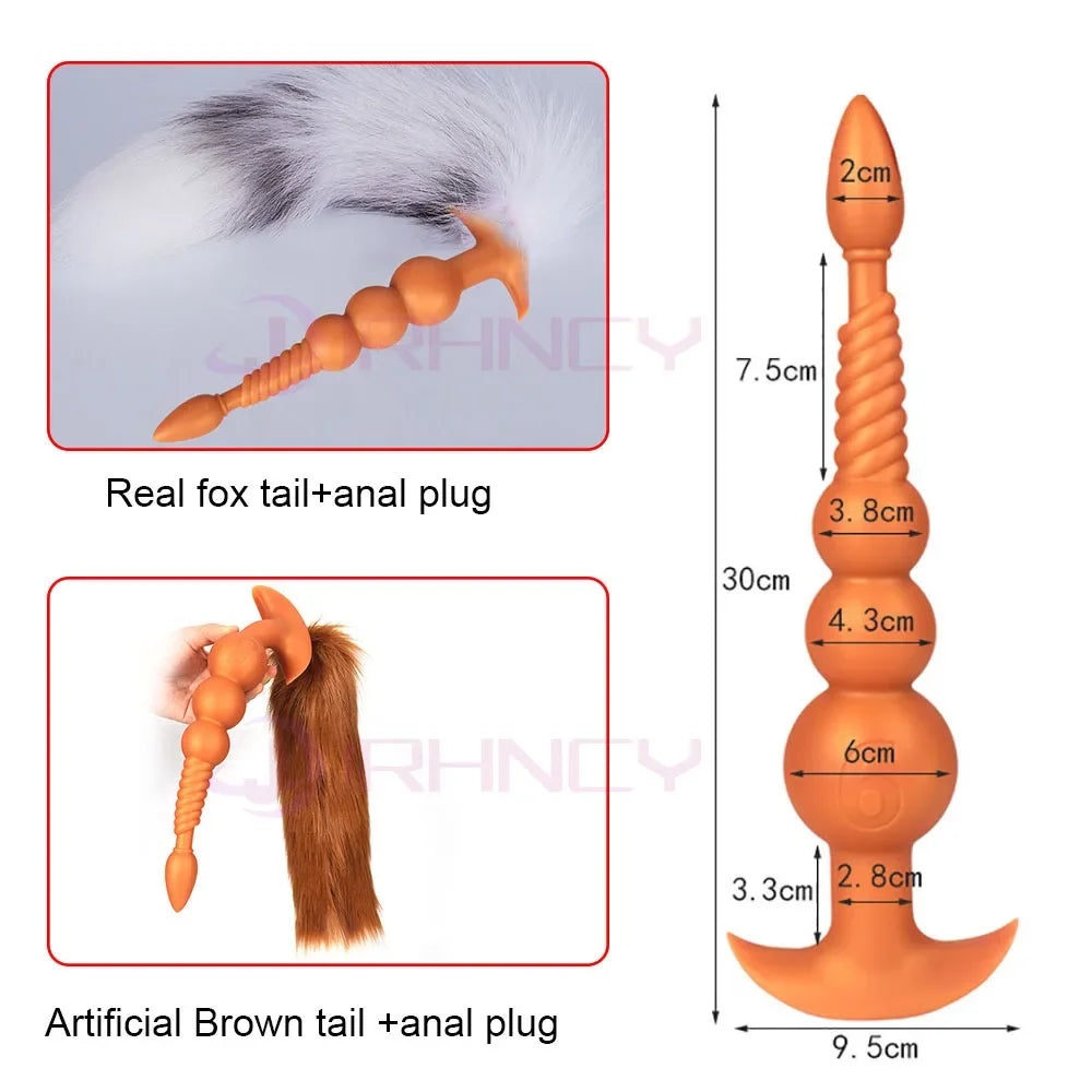 3-10cm Großer Analsex Plug mit Schwanz Sexspielzeug für Erwachsene Spiele Paare DIY Cosplay Großer Butt Plug Silikon Weich Lang Anal Beads Frauen