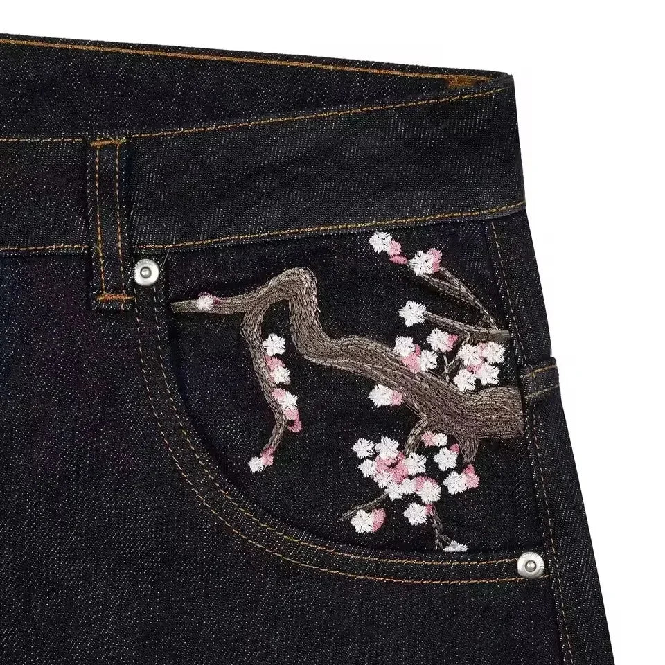 Vintage Low Waist Hip Hop Kirschblüten bestickte Jeans Weite Hose Y2K Kleidung Herren Damen Bestickte Baggy Jeans