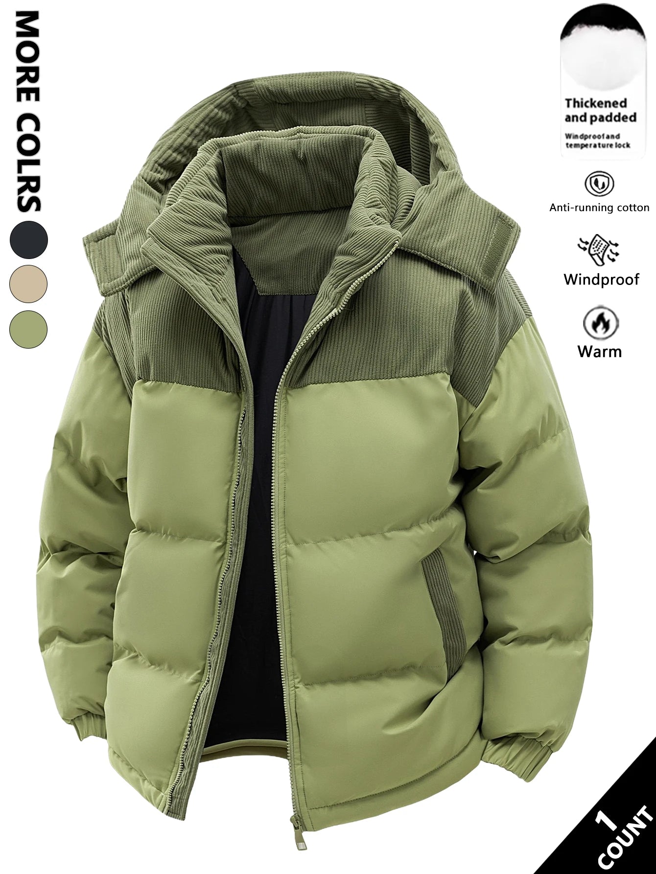 Herren-Kapuzenjacke aus Baumwolle, winterlich verdickt und warm, winddicht und kältebeständig, schlicht und vielseitig als Arbeitskleidung