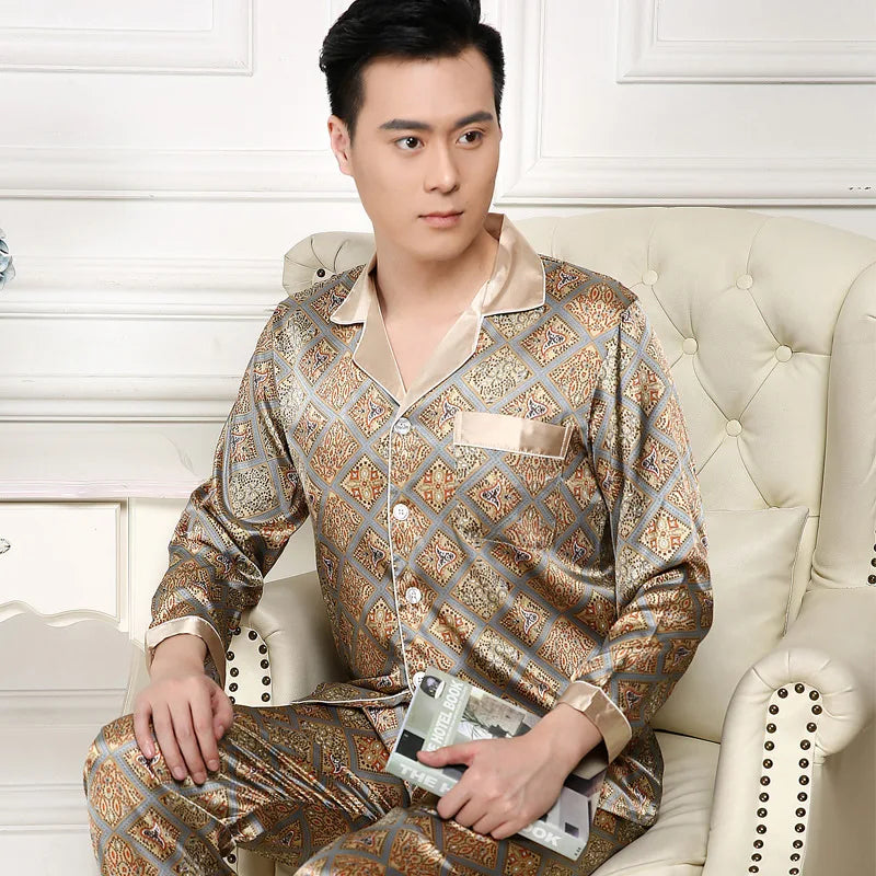 Hochwertiges Pyjama-Set Herren Frühling Herbst Dünn Polyester Eisseide Langarm Schlafanzug Übergröße Sommer Hauskleidung Männlich