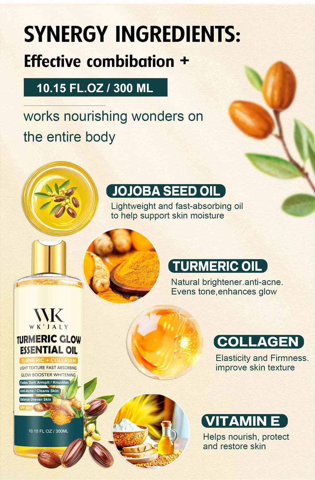 WK JALY Kurkuma Glow Essential Körperöl, feuchtigkeitsspendend, aufhellend, hellt dunkle Achseln und Fingerknöchel auf, gegen Akne, gleicht ungleichmäßige Haut aus