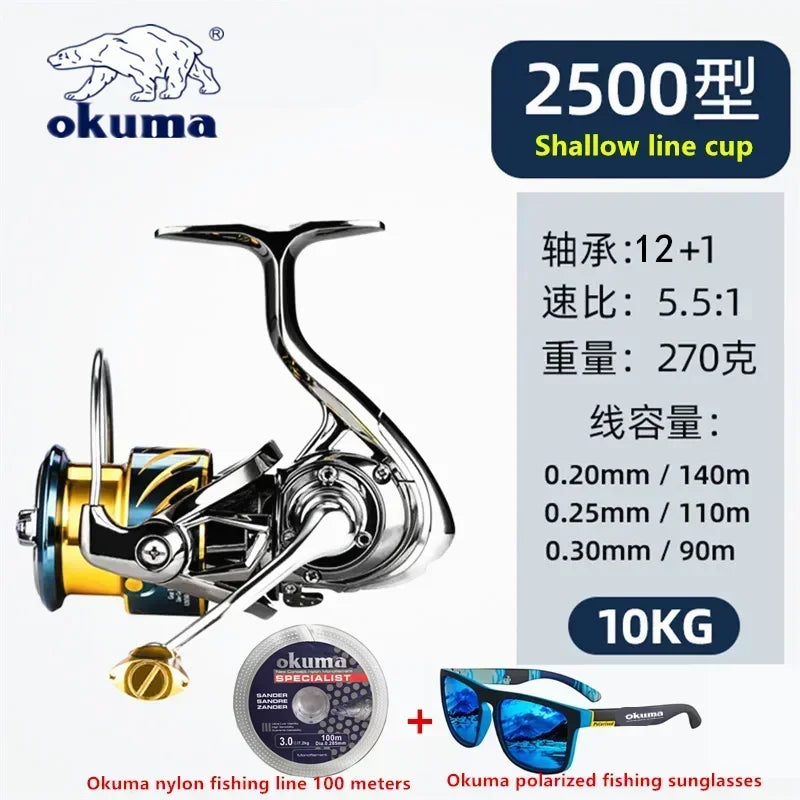 Okuma Ganzmetall-Angelrolle mit flacher Spule 15 kg Korrosionsschutz Salzwasser Spinnrolle 1000-5000