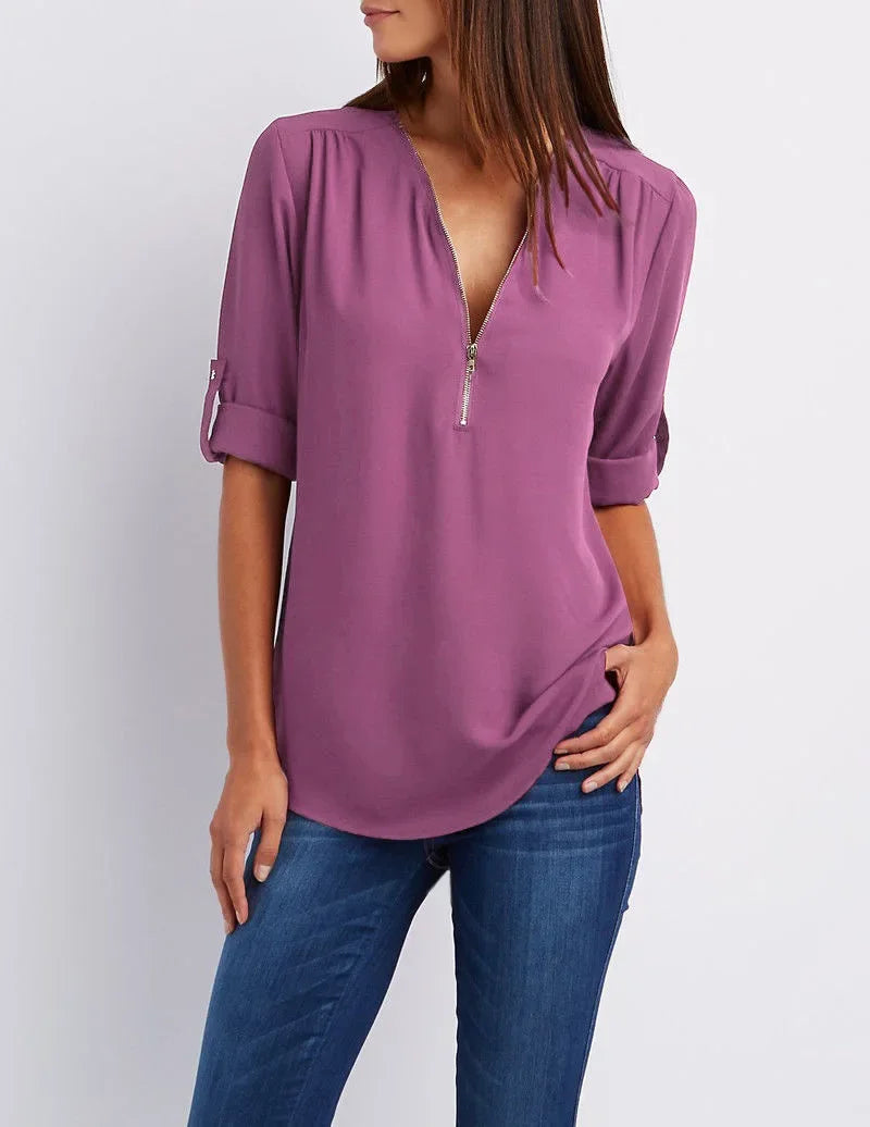 2024 Qualität Heißer Verkauf Plus Size Tiefer V-Ausschnitt Damenbluse Chiffon Coole lockere Hemd Mode Freizeit Damen Tops Sexy Reißverschluss Pullover