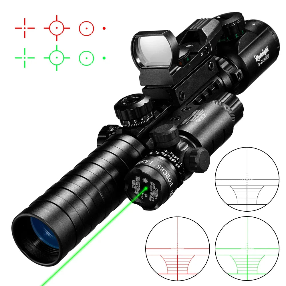 3-9X32 EG Scope 3 in 1 Combo Hunting Scope Red Green Illuminated with Holographic Reflex 4 Reticle Red Green Dot Sight Caza