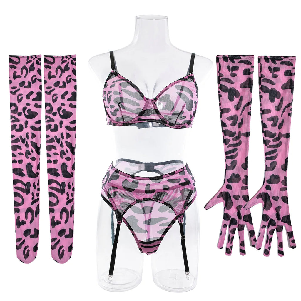 Sexy rosa Leoparden-BH-Handschuhe Beinsocken Dessous-Set Damen Perspektive Bequemes Mesh Exotische Kleidung Unterwäsche Anzug