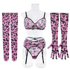 Sexy rosa Leoparden-BH-Handschuhe Beinsocken Dessous-Set Damen Perspektive Bequemes Mesh Exotische Kleidung Unterwäsche Anzug