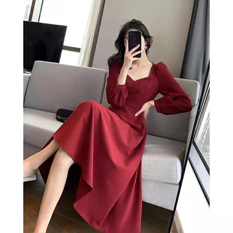 Langärmeliges Kleid mit Puffärmeln, unifarben, elegant, Damenbekleidung, Hochzeitsgast, Neujahr, Damenmode, Hohe Taille, Schmal, Abendpartykleider