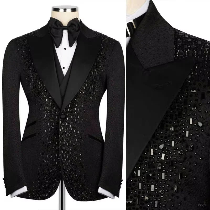 Luxus Anzug 2-teiliges Set für Herren Perlenbesetzte Smokings Revers Ein Knopf Maßgeschneiderter Blazer Lässiges Business Pailletten Hochzeit Bräutigam Hauptbild