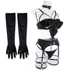 Sexy Dessous-Set mit Schleifenverzierung, durchbrochen, für Damen, einfarbig, exotische Bekleidung, weiblicher Stil, reine Begierde, Unterwäsche mit Strapsen und Handschuhen