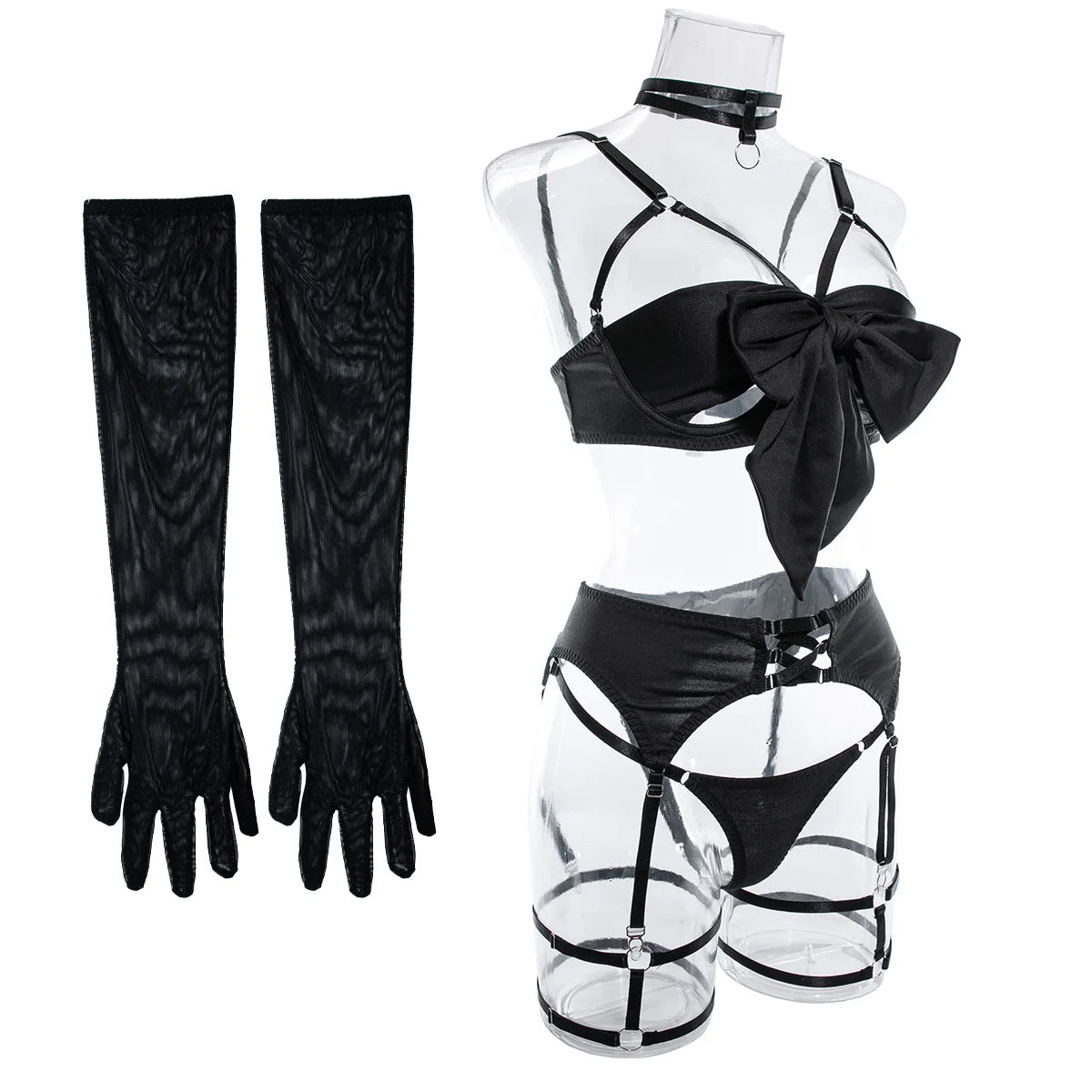 Sexy Dessous-Set mit Schleifenverzierung, durchbrochen, für Damen, einfarbig, exotische Bekleidung, weiblicher Stil, reine Begierde, Unterwäsche mit Strapsen und Handschuhen