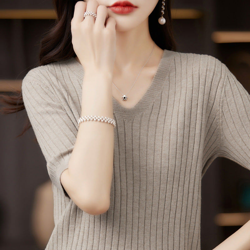 Damen Pullover Frühling Sommer Kurzarm V-Ausschnitt Strickshirt Lässige koreanische Pullover Gestreiftes Unterziehshirt Slim Fit Pullover