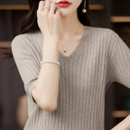 Damen Pullover Frühling Sommer Kurzarm V-Ausschnitt Strickshirt Lässige koreanische Pullover Gestreiftes Unterziehshirt Slim Fit Pullover