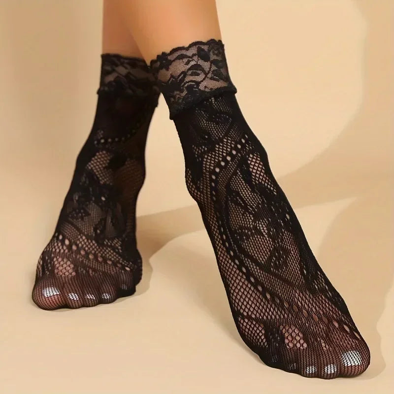 5 Paar Blumen-Spitzensocken Dünne Atmungsaktive Kurze Socken Sommer Netz Lolita Fischernetz Damenstrümpfe Strumpfwaren