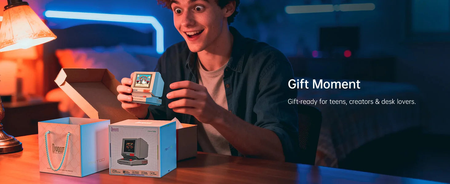 Divoom MiniToo Retro Bluetooth-Lautsprecher Tragbarer Pixel-Display-Musikbox Retro-Computer-Stil Lautsprecher Geschenk