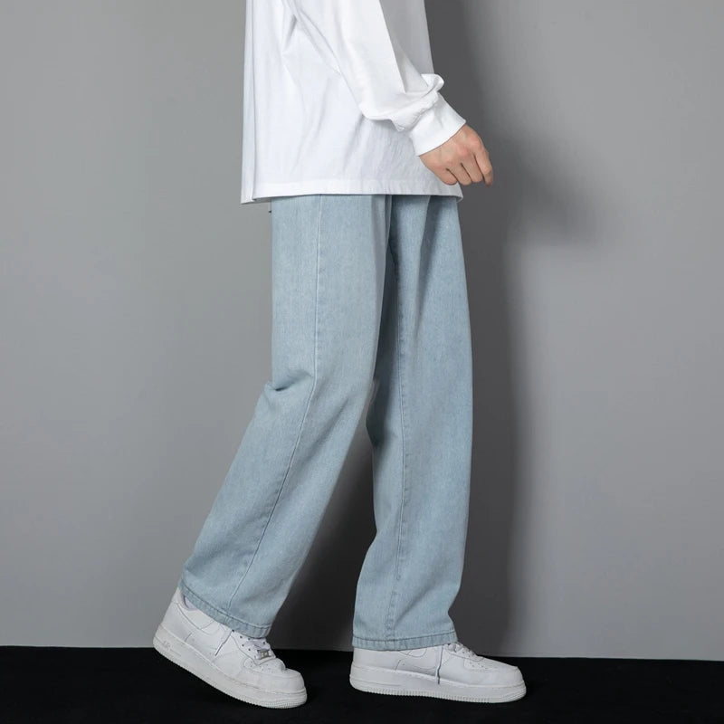 2026 Neue koreanische Herren-Freizeitjeans Klassische gerade Denim-Wide-Leg-Hosen Herren Einfarbig Hellblau Grau Schwarz Zweitbild