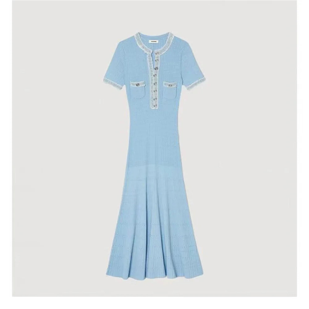 Elegantes, kontrastierendes, gestricktes Maxi-Kleid für Damen, schickes O-Ausschnitt-Kurzarmkleid mit Metallknöpfen, figurbetonte Kleider, Büro-Lady-Pendlerrobe