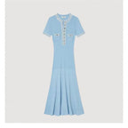 Elegantes, kontrastierendes, gestricktes Maxi-Kleid für Damen, schickes O-Ausschnitt-Kurzarmkleid mit Metallknöpfen, figurbetonte Kleider, Büro-Lady-Pendlerrobe