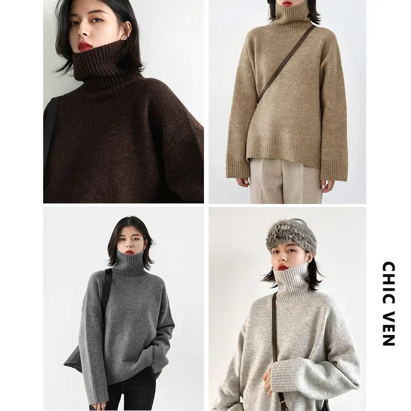 CHIC VEN Koreanischer Damen Pullover Lockerer Rollkragenpullover Warme Einfarbige Pullover Strickwaren Basic Female Tops Herbst Winter 2022