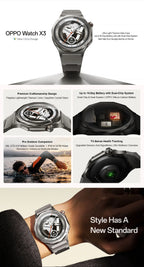 EU Version OPPO Watch X3 Smartwatch Wear OS by Google Schlaf 16 Tage Akkulaufzeit SpO2 Blutsauerstoffüberwachung IP69 Google Wallet