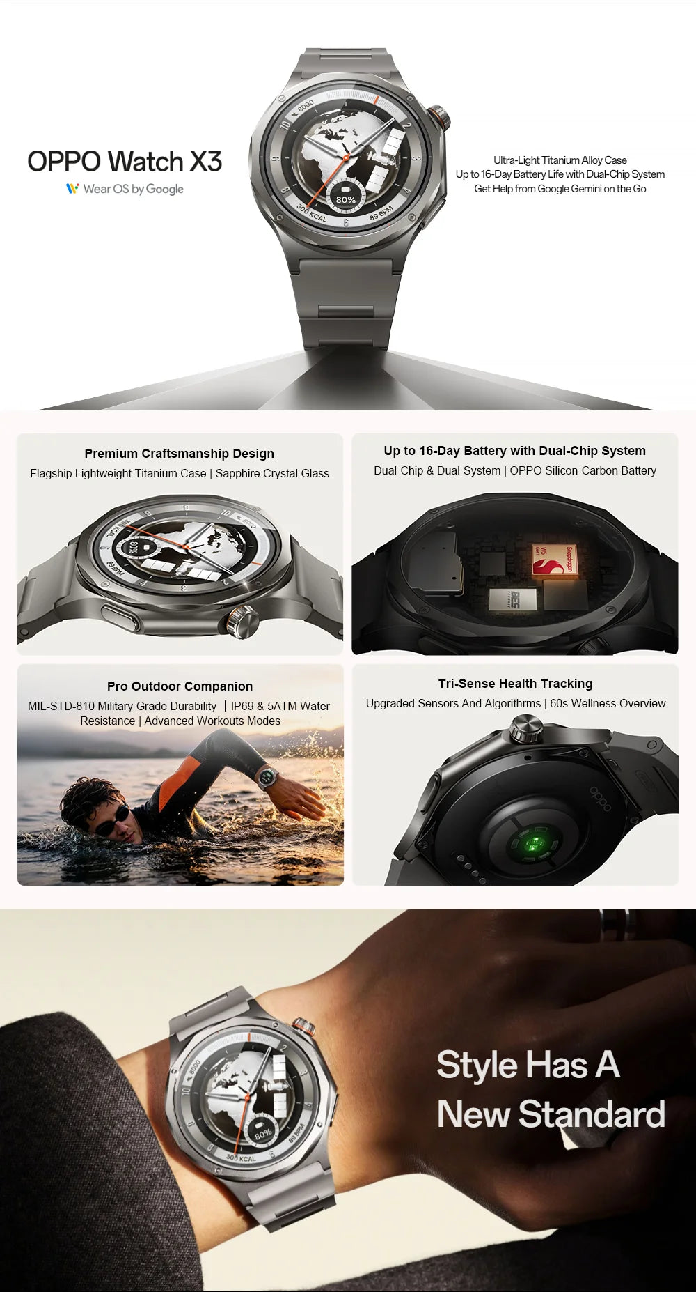 EU Version OPPO Watch X3 Smartwatch Wear OS by Google Schlaf 16 Tage Akkulaufzeit SpO2 Blutsauerstoffüberwachung IP69 Google Wallet