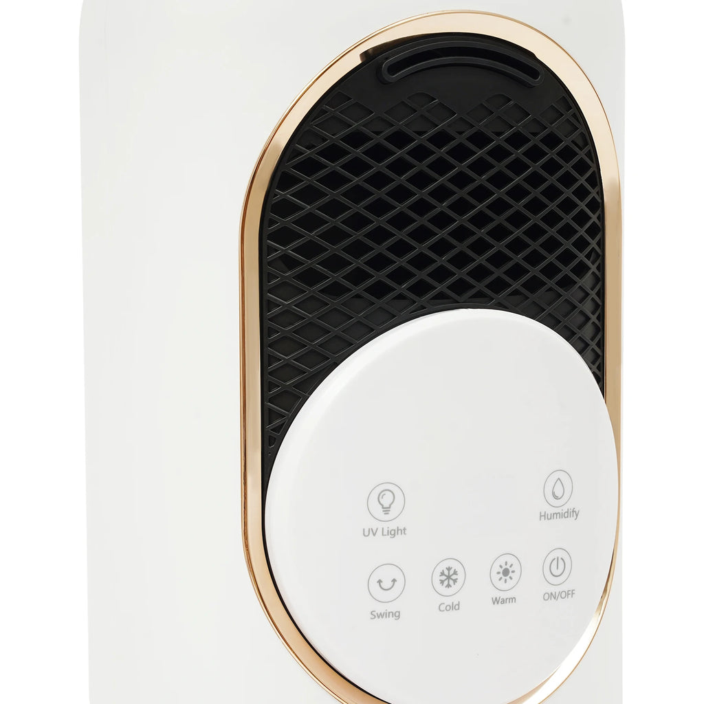 Weißer moderner freistehender ABS-Klimaventilator mit Fernbedienung, Touchscreen, EU-Stecker, warmer und kühler Wind, Zeitschaltfunktion, Luftbefeuchter