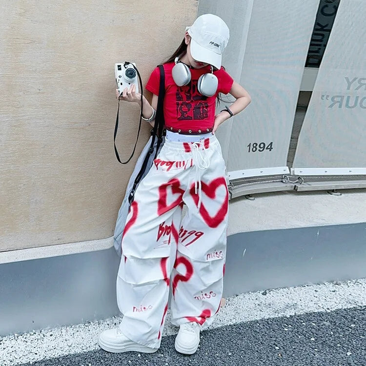 2026 Sommer Frühling Teenager Trainingsanzug Mädchen Kleidung Herz Graffiti 1 T-Shirt Oberteil oder lange weite Beinhose Kind 4 6 7 8 9 10 12 14 Jahre