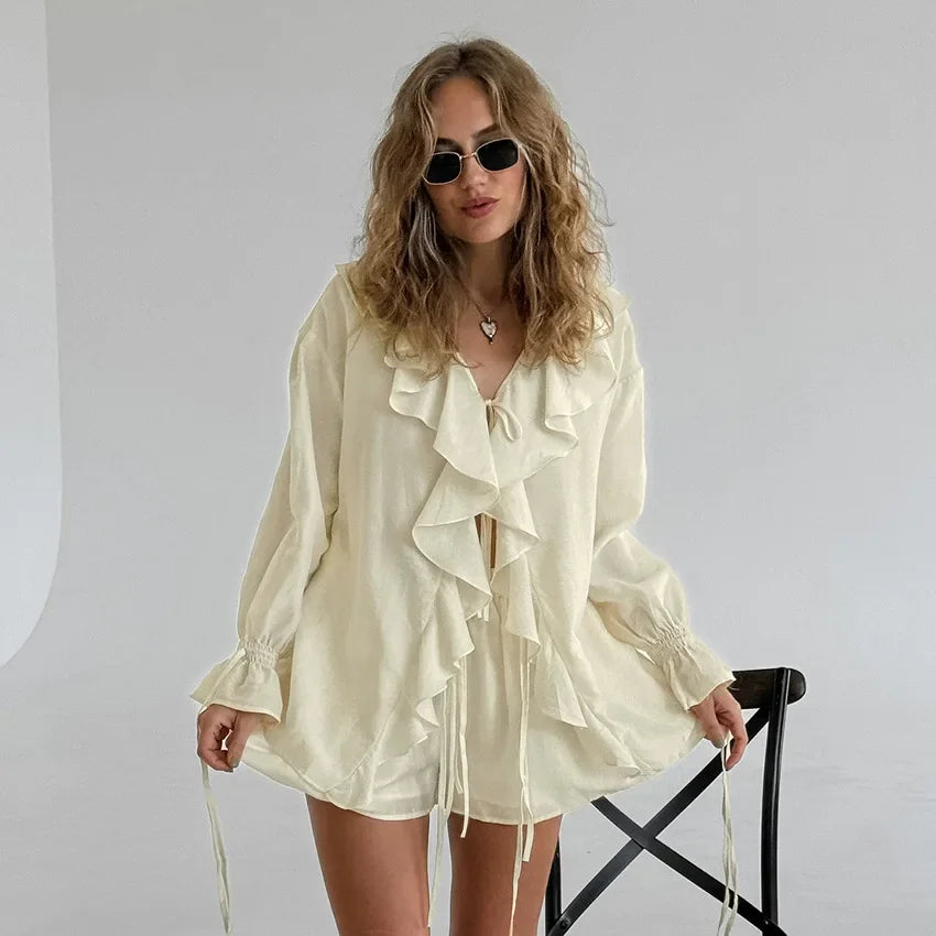 Freizeit-Shorts Zweiteiler für Damen Rüschen Lockerer Bindeträger-Top Einfaches Shorts-Set OL Office Lady Sommer Damen Shorts Anzug