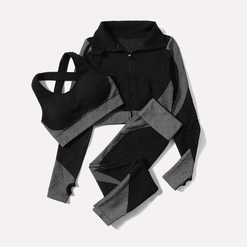 2/3tlg Damen Yoga Anzug Nahtlos Gestrickte Yogahose Leggings Kleidung Reißverschluss Langarm Crop Top Fitnesskleidung Sportbekleidung Gym Set