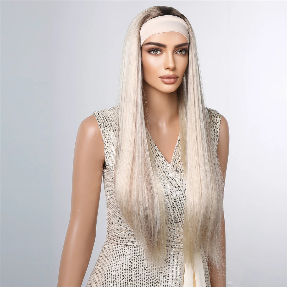 ALAN EATON Lange blonde synthetische Stirnbandperücke Ombre Blond glattes Haar Perücken natürlich aussehend Hitzebeständige Faser für den täglichen Gebrauch