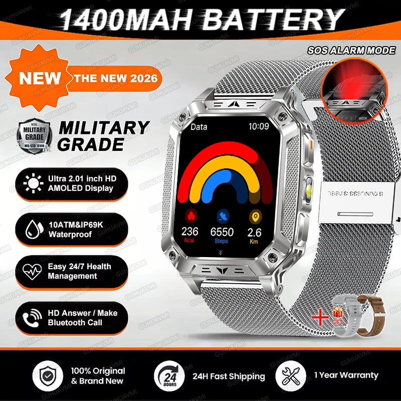 2026 TANK Neue 1400mAh Militär GPS Smartwatch Herren 2.01" AMOLED-Bildschirm 10ATM Wasserdichte Uhr SOS Anruf Taschenlampe Smartwatch iOS