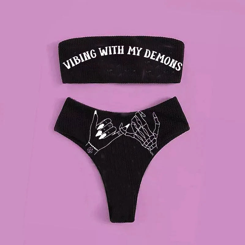 Gothic Bikini 2025 Damen Skelett Tube Top BH Triangel-Höschen Split Badeanzug Unterwäsche Y2K Bikinis Punk Bademode