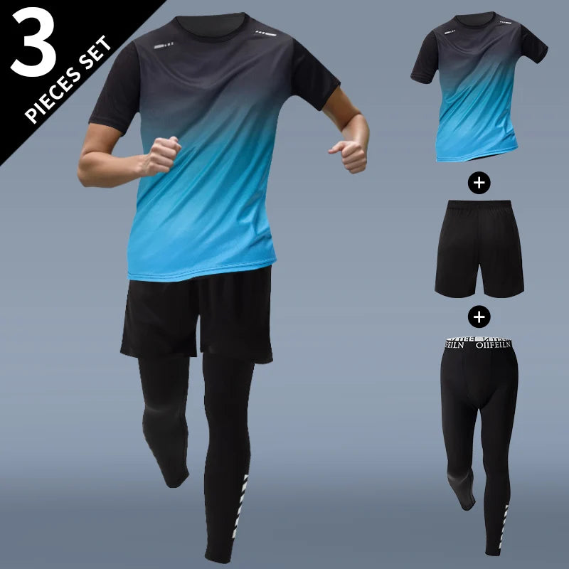3-teiliger Herren-Sportanzug, schnelltrocknend, mit Farbverlauf, Freizeit-Sport, Laufen, kurze Ärmel, bequeme Sonnencreme, Hose, Joker-Shorts
