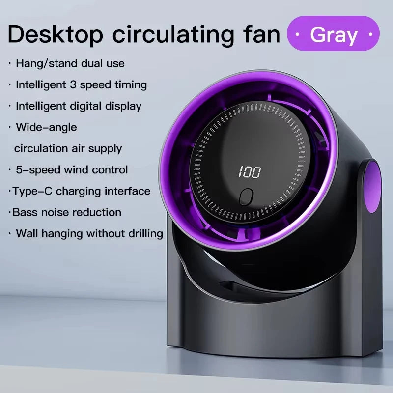 100 Stufen Lüfterloser Ventilator Tragbar Klein USB-Aufladung Leiser Desktop Digitalanzeige Hochgeschwindigkeits-Umluftkühlventilator