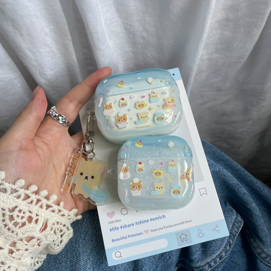 Cartoon Cake Bear Blue Wave Case for AirPods 2 3 4 ANC Cover with Keyring for Apple AirPod Pro 3 2025 Earphone Protective Cases