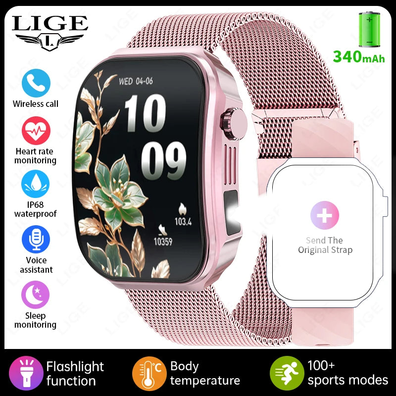 LIGE Neue 2,2-Zoll 3D Gebogenes Display Smartwatch Mit LED-Licht Thermometer Gesundheitsmonitor Smartwatch BT Anruf Sport Fitness Uhr